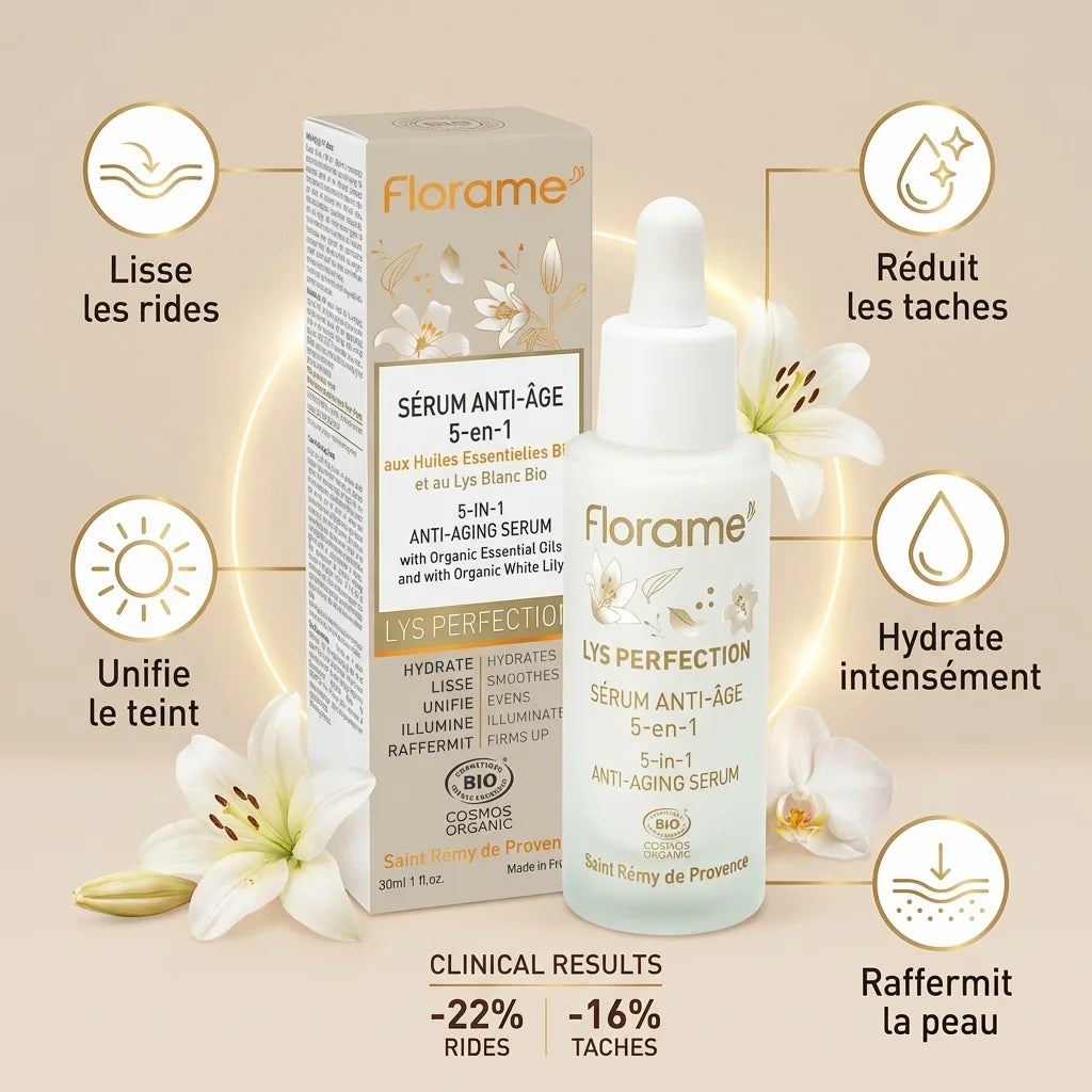 Sérum anti-âge bio Florame Lys Perfection avec bénéfices : rides lissées, teint unifié, hydratation intense