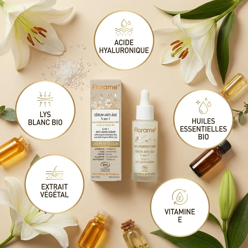 Sérum Anti-Âge Bio Florame Lys Perfection avec ingrédients naturels et acide hyaluronique