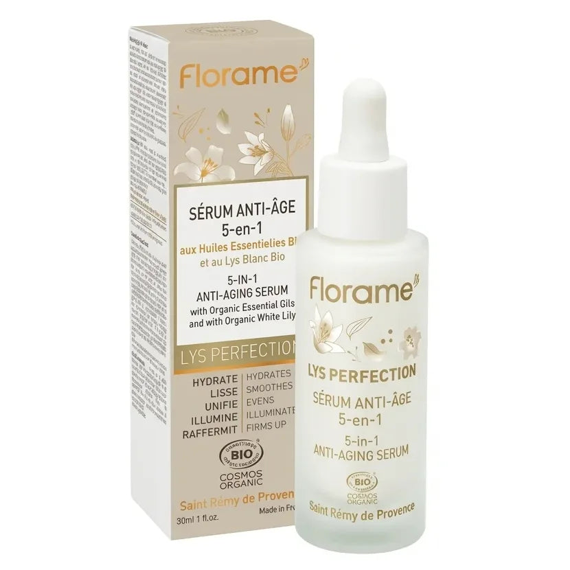 Sérum anti-âge bio Florame Lys Perfection 30ml en flacon verre avec pipette sur fond blanc