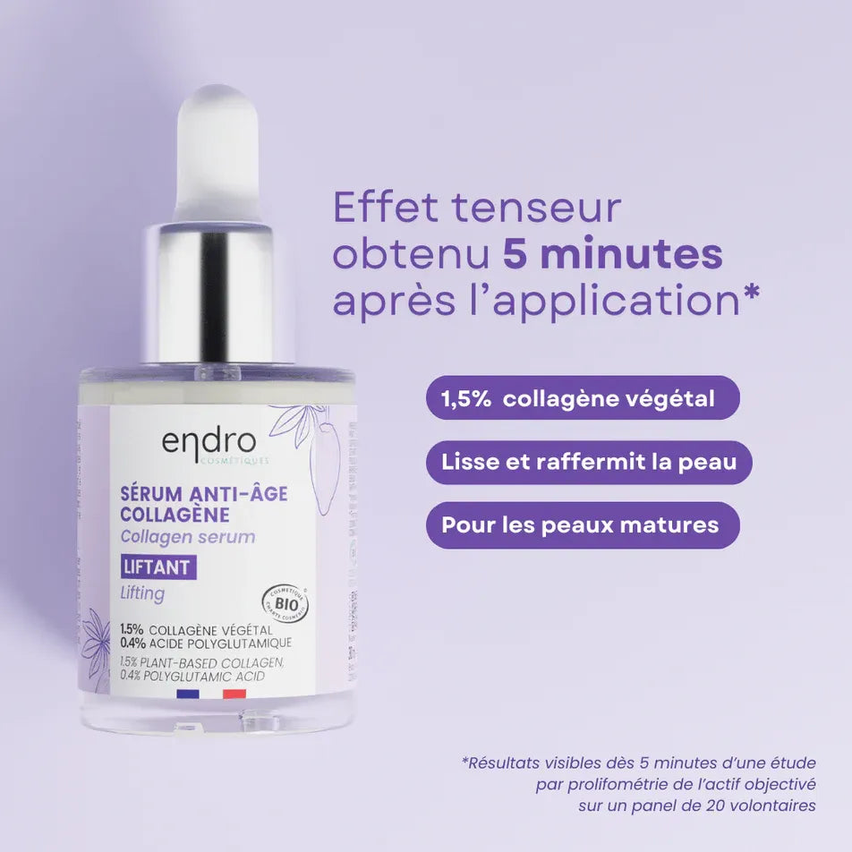 Les effets après application du sérum anti-âge au collagène liftant de 30 ml de la marque Endro