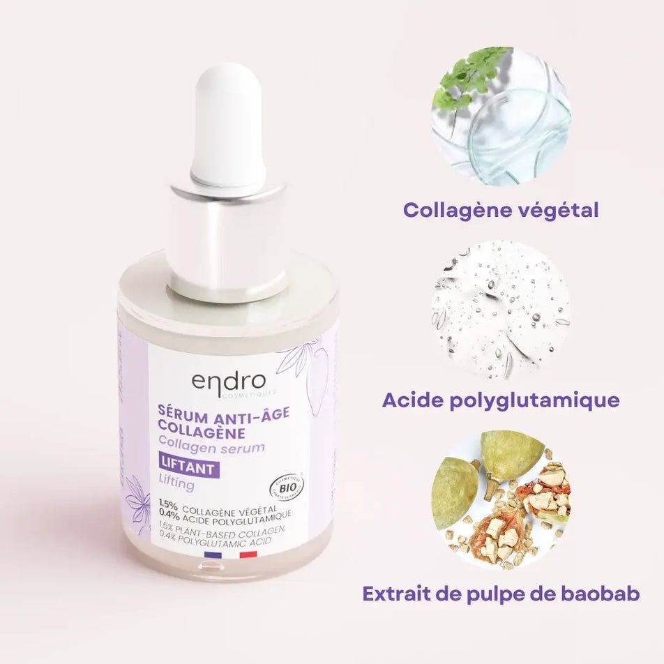 Les ingrédients du sérum anti-âge au collagène liftant de 30 ml de la marque Endro