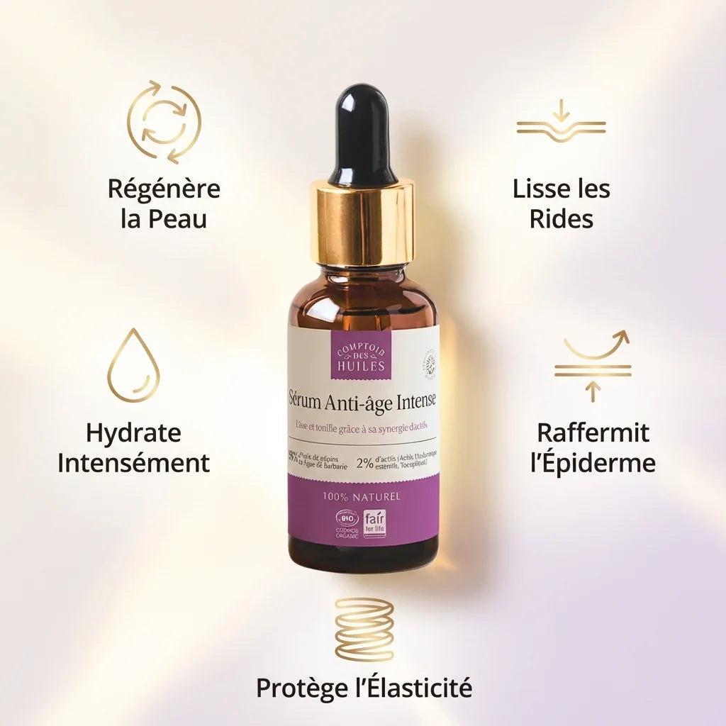 Sérum Anti-âge Intense 30ml Comptoir des Huiles avec infographie des bénéfices anti-rides et hydratation