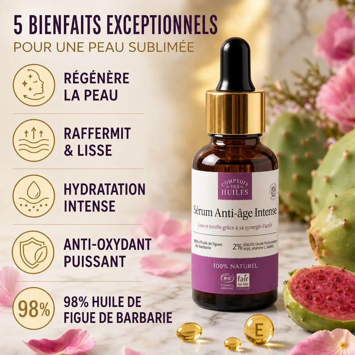 Sérum Anti-âge Intense 30ml Comptoir des Huiles - Flacon avec compte-gouttes or sur fond marbre