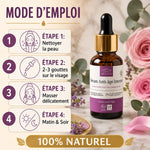 Sérum Anti-âge Intense 30ml Comptoir des Huiles - Mode d'emploi avec flacon, roses et étapes application
