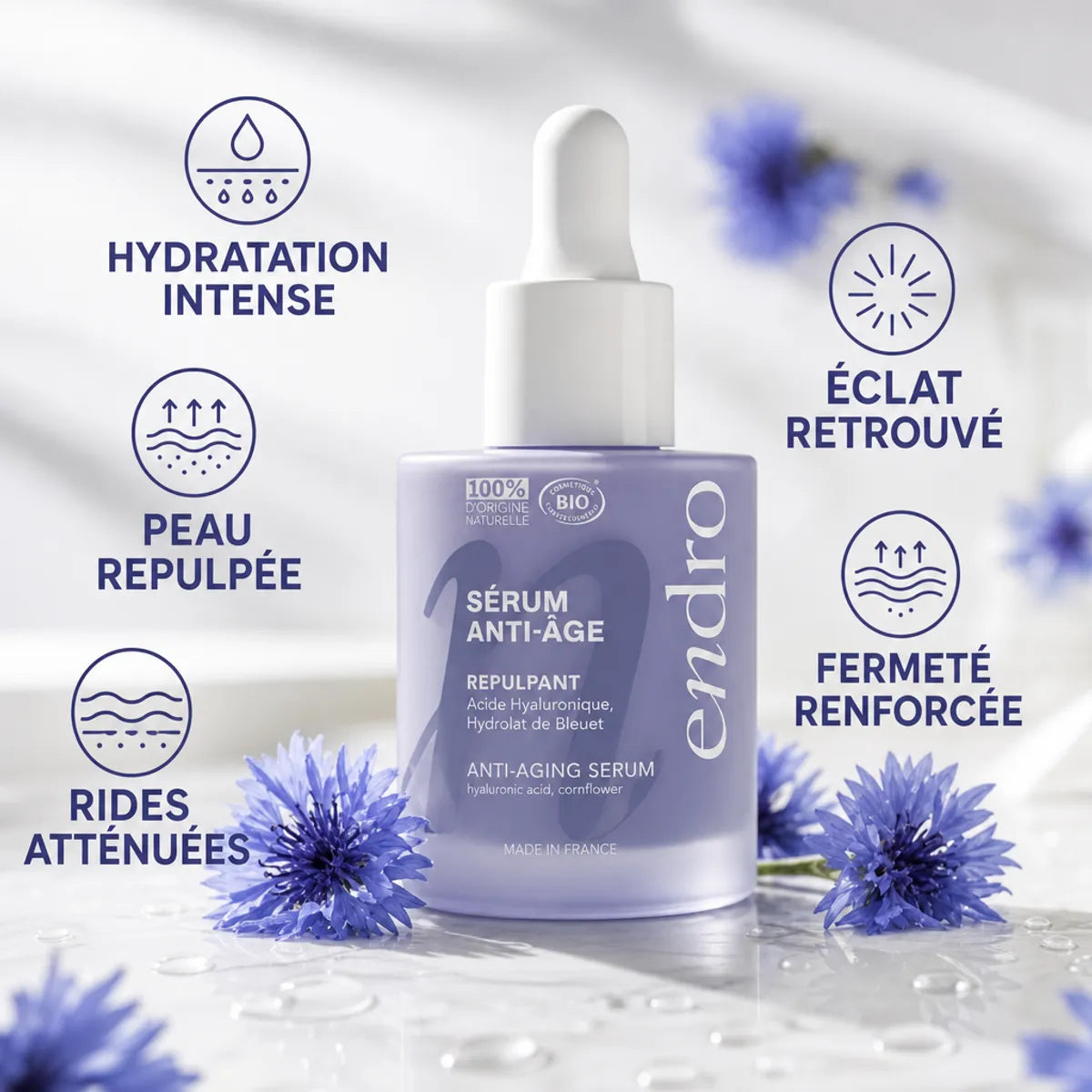 Sérum anti-âge Endro acide hyaluronique 30ml avec bénéfices: hydratation, repulpement, rides atténuées