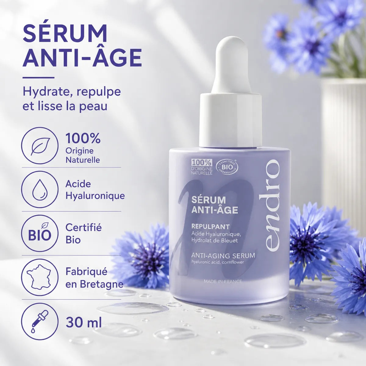 Sérum Anti-Âge Endro à l'Acide Hyaluronique 30ml avec fleurs bleues et infographie certifications bio