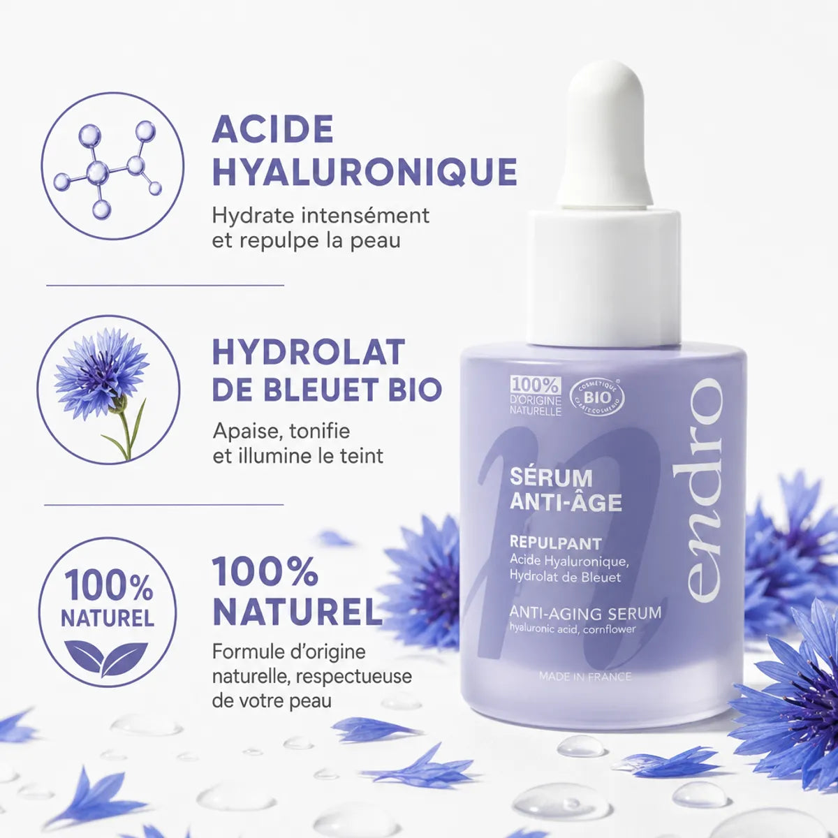 Sérum anti-âge Endro à l'acide hyaluronique 30ml avec ingrédients naturels et pétales de bleuet