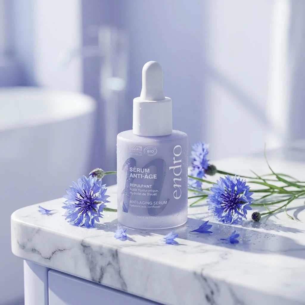 Sérum anti-âge Endro à l'acide hyaluronique 30ml sur marbre avec fleurs