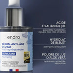 Les ingrédients et leurs bienfaits du sérum anti-âge repulpant à l'acide hyaluronique de 30 ml de la marque Endro