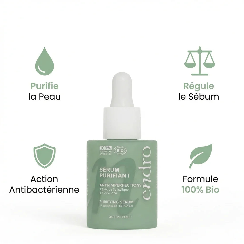 Sérum anti-imperfections Endro 30ml avec icônes bénéfices: purifie, régule sébum, antibactérien, bio