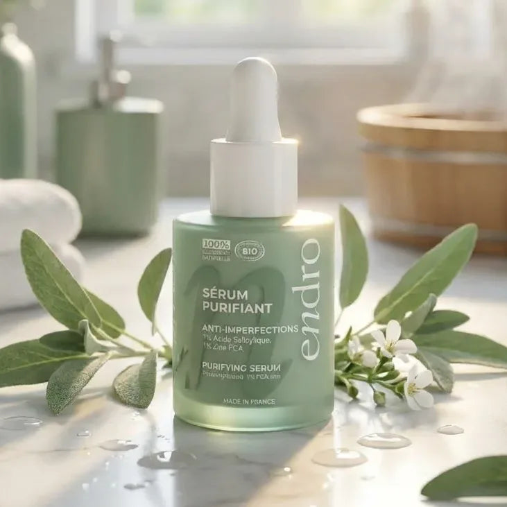 Sérum anti-imperfections Endro 30ml sur marbre avec botaniques et gouttes d'eau