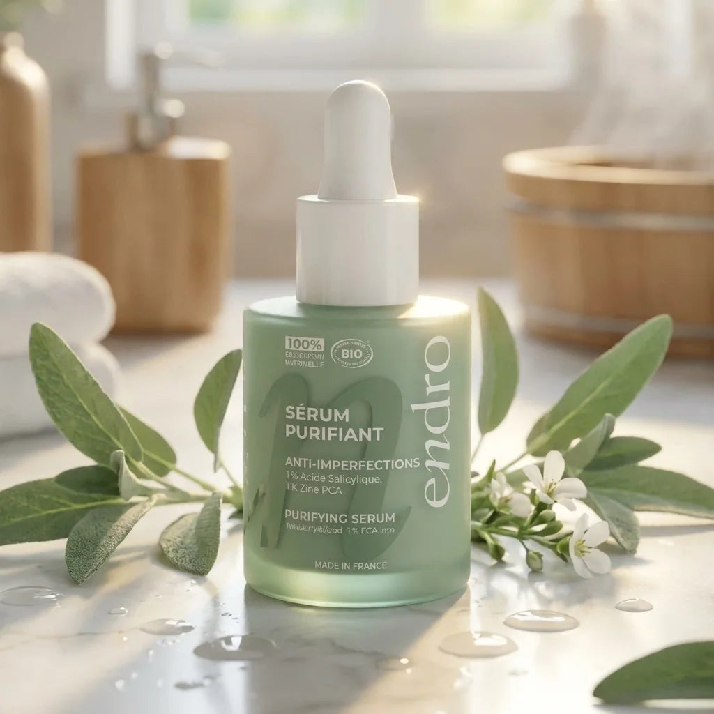 Sérum anti-imperfections Endro 30ml en flacon verre vert sur surface marbre avec feuilles de sauge
