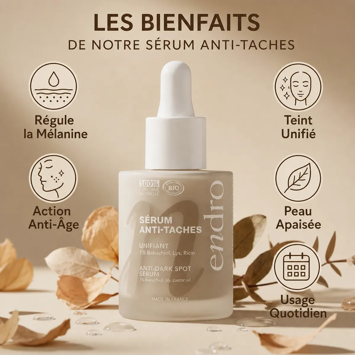 Sérum Anti-tâches Endro 1% Bakuchiol - Bouteille avec bénéfices peau unifié et anti-âge