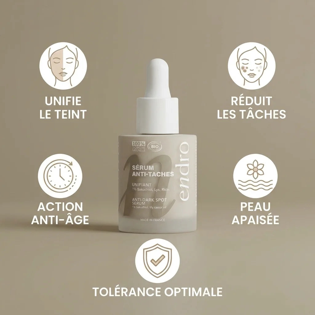 Sérum Anti-tâches Endro 1% Bakuchiol 30mL avec bénéfices: unifie teint, réduit tâches, anti-âge