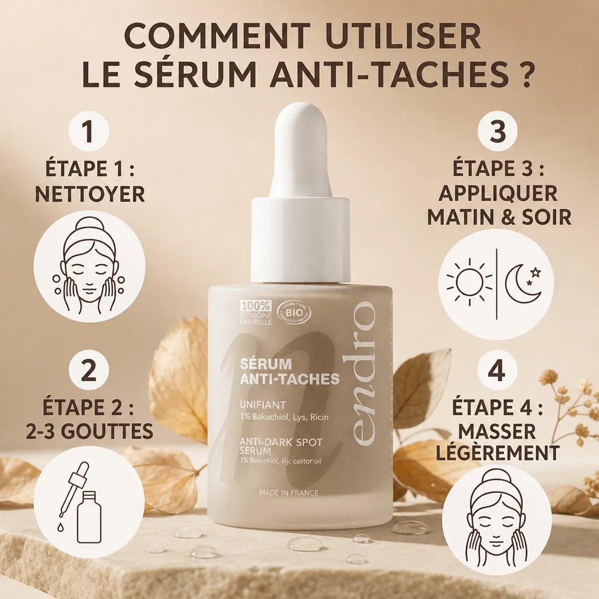 Sérum Anti-tâches Endro 1% Bakuchiol avec guide d'application étapes sur fond beige
