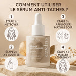 Sérum Anti-tâches Endro 1% Bakuchiol avec guide d'application étapes sur fond beige