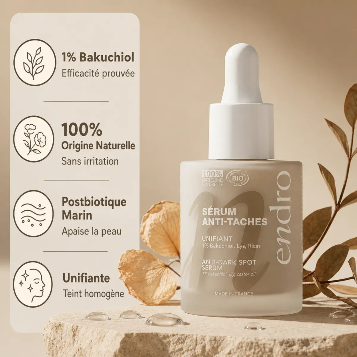 Sérum Anti-tâches Endro 1% Bakuchiol 30mL avec infographie des bénéfices skincare