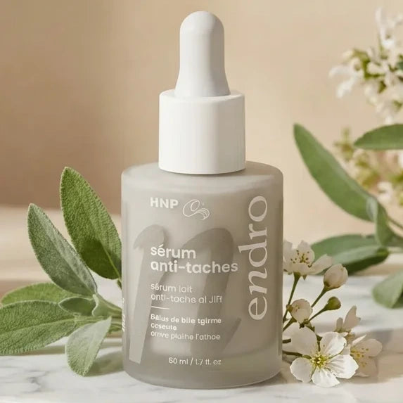 Sérum Anti-tâches Bakuchiol Endro 30mL sur marbre avec botaniques et produits skincare