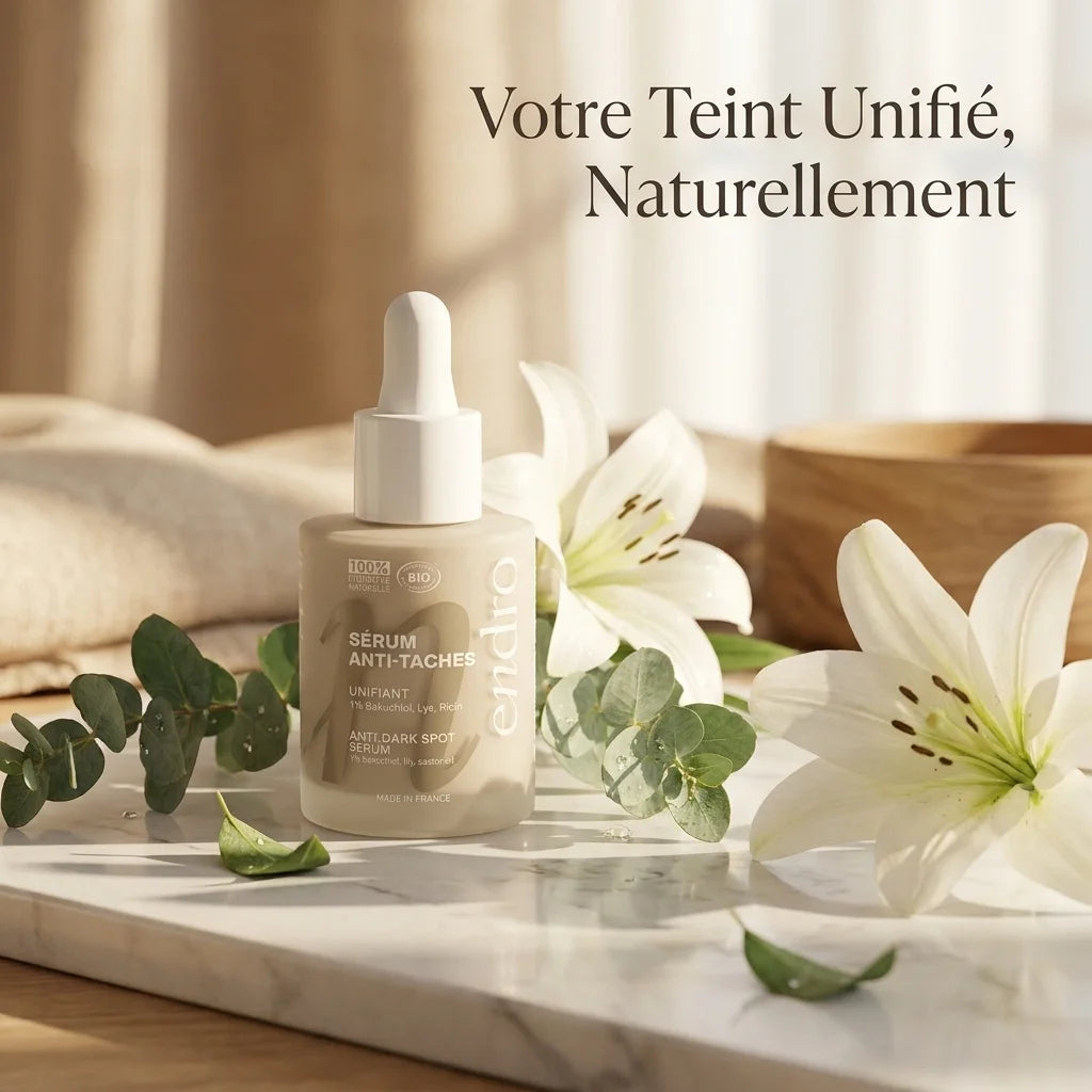 Sérum anti-tâches Endro 1% Bakuchiol 30mL avec compte-gouttes sur surface marbre, botaniques