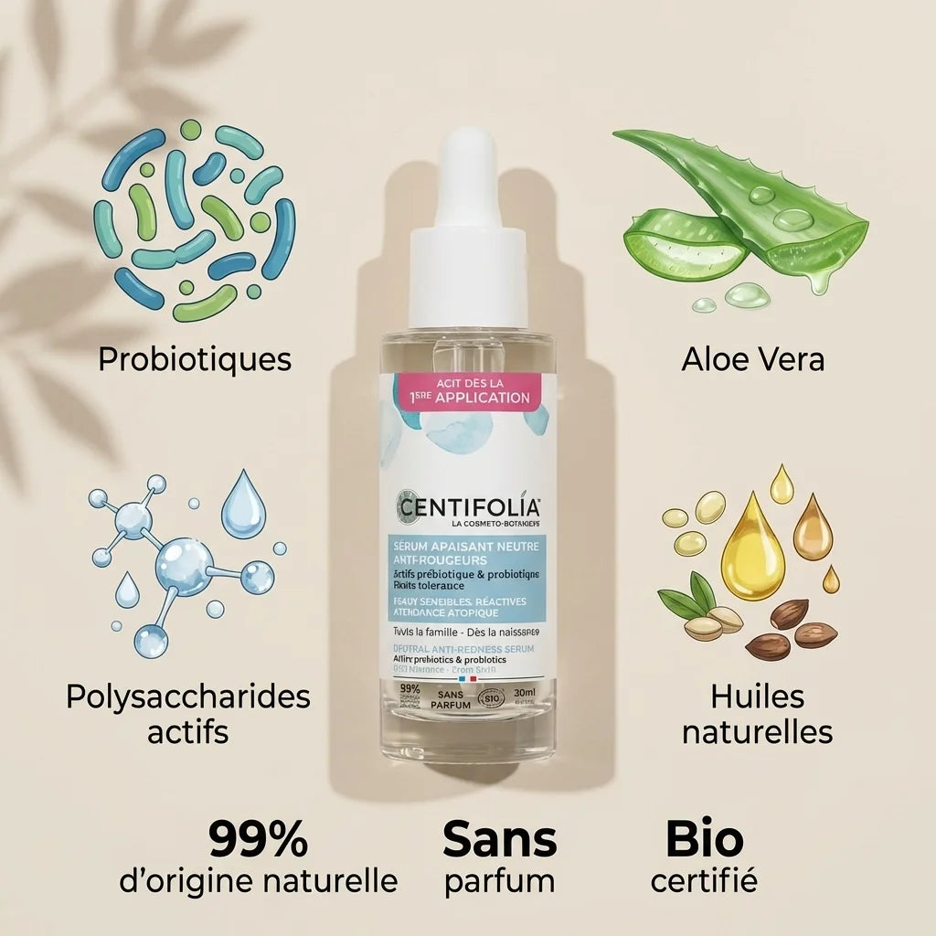Sérum apaisant Centifolia 30ml bio anti-rougeurs avec ingrédients naturels et probiotiques