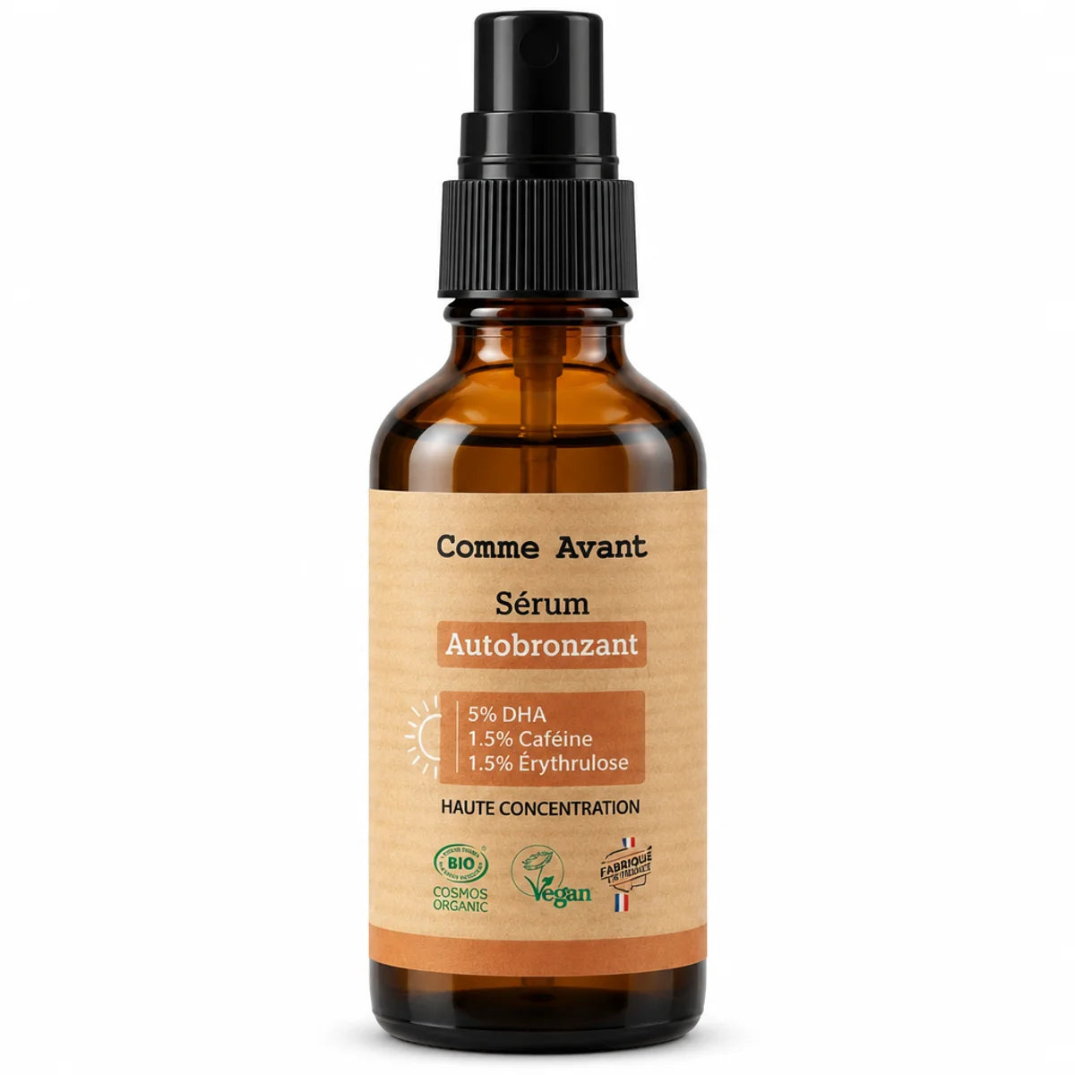 Sérum autobronzant naturel Comme Avant 50 ml, flacon ambré à pompe brumisateur noire sur fond blanc, DHA 5 %