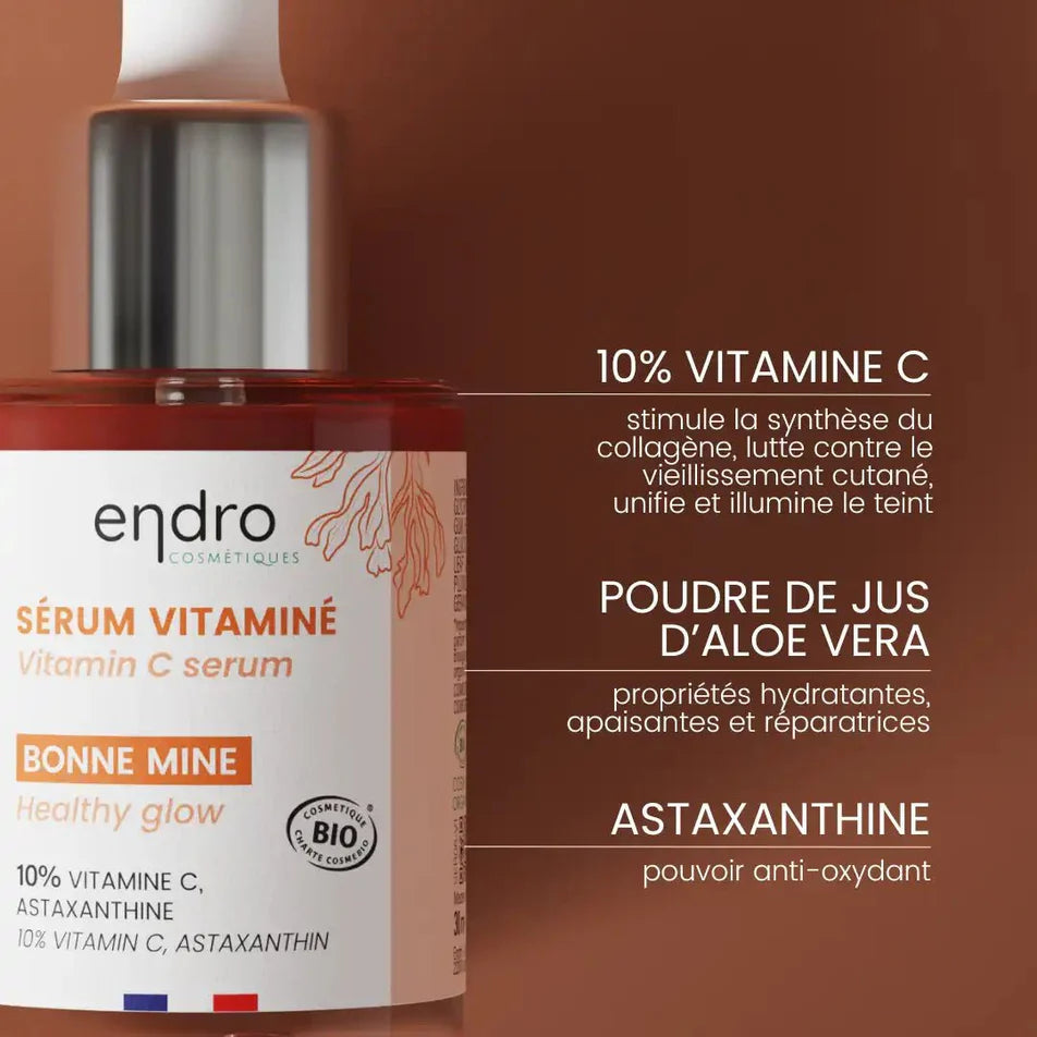 Composition et bienfaits des ingrédients contenus dans le sérum bonne mine 10% vitamine C de 30 ml de la marque Endro