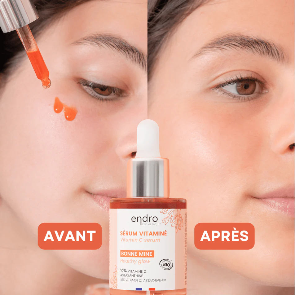 Avant - après utilisation du sérum bonne mine 10% vitamine C de 30 ml de la marque Endro