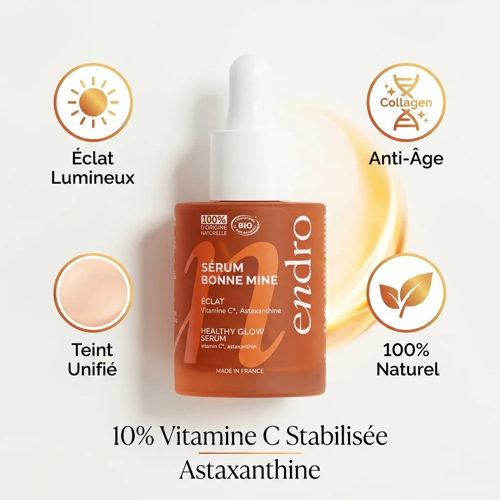 Sérum Bonne Mine 10% Vitamine C Endro avec infographies bénéfices sur fond blanc