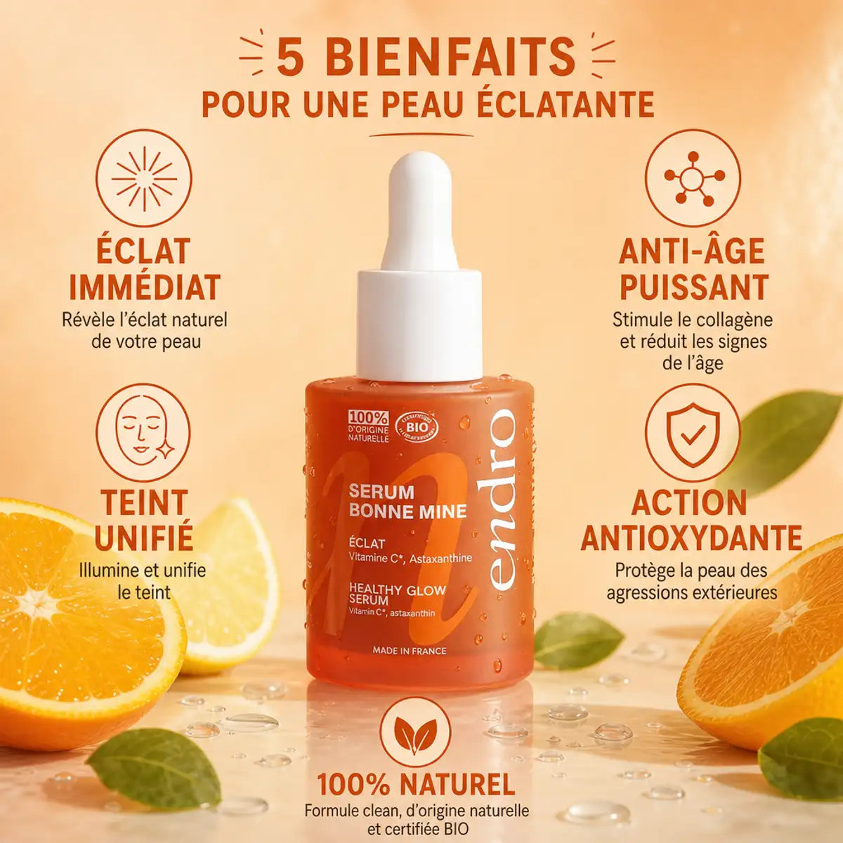 Sérum Vitamine C Endro 30ml avec bénéfices : éclat, anti-âge, teint unifié, antioxydant