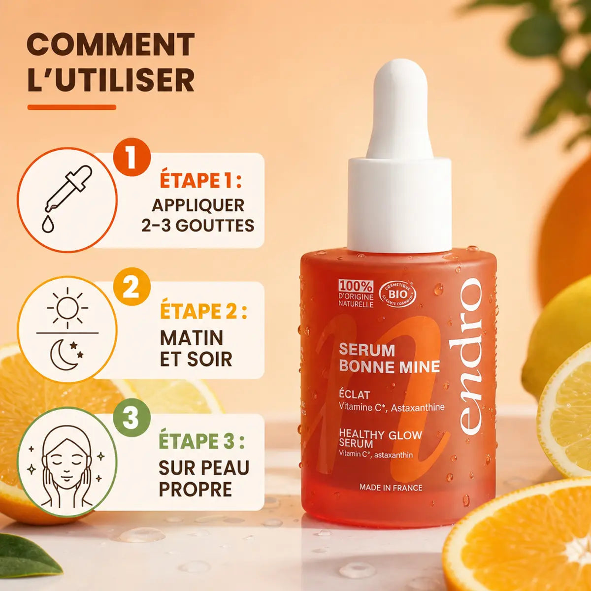 Sérum Vitamine C Endro 10% avec guide d'application, citron et orange sur fond beige