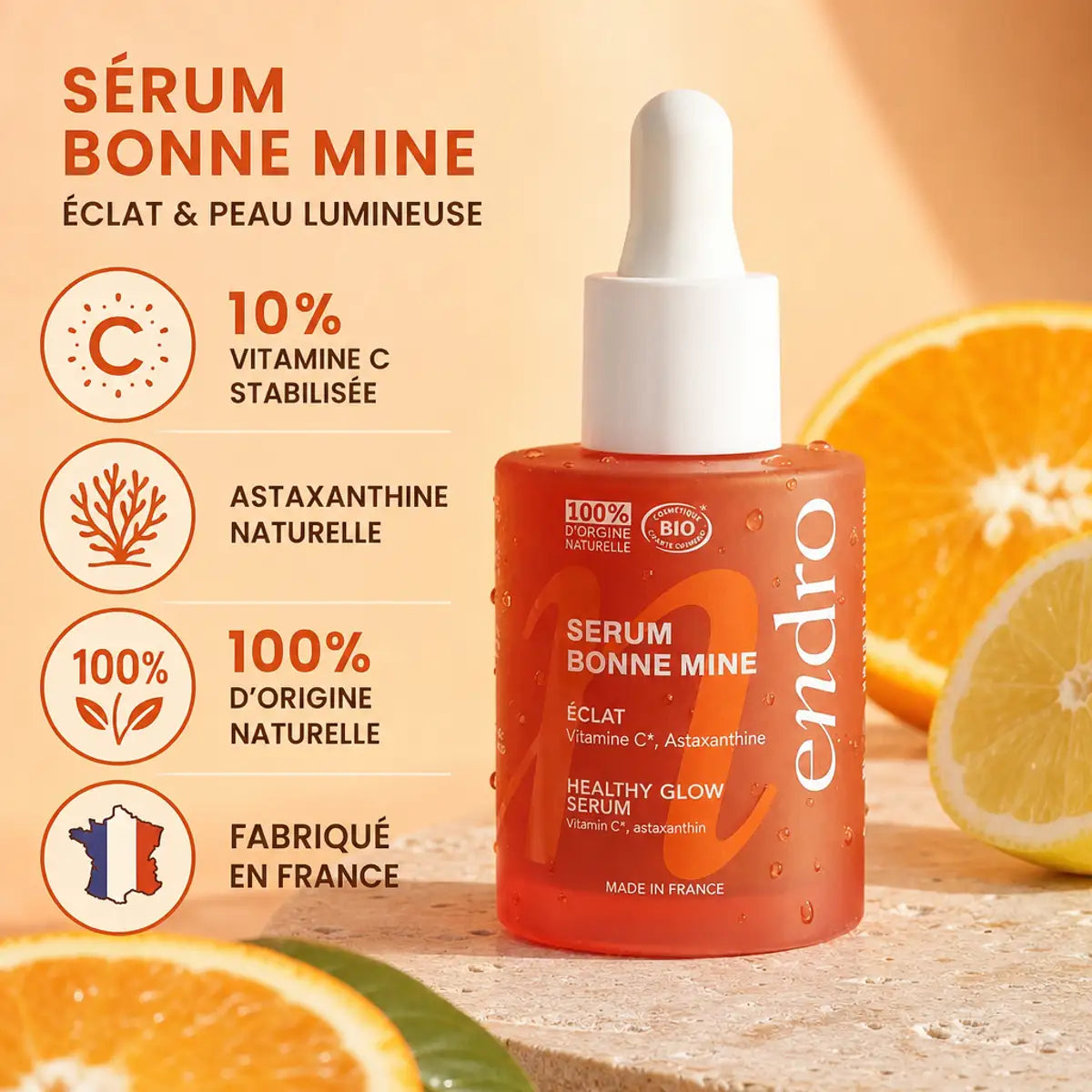 Sérum Bonne Mine Endro 10% Vitamine C avec agrumes, infographie ingrédients naturels
