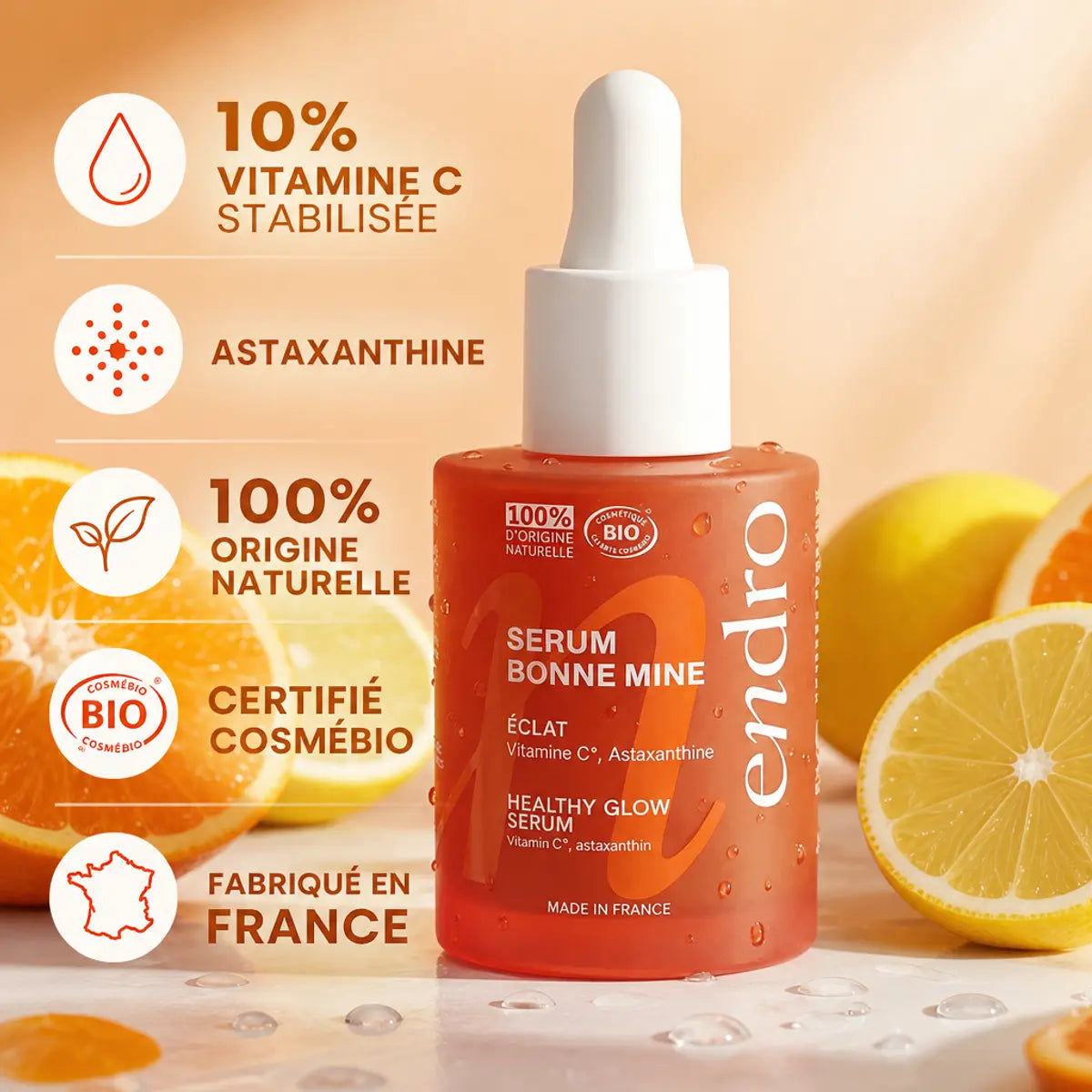 Sérum Bonne Mine Endro 10% Vitamine C avec agrumes, certifié Cosmébio fabriqué France