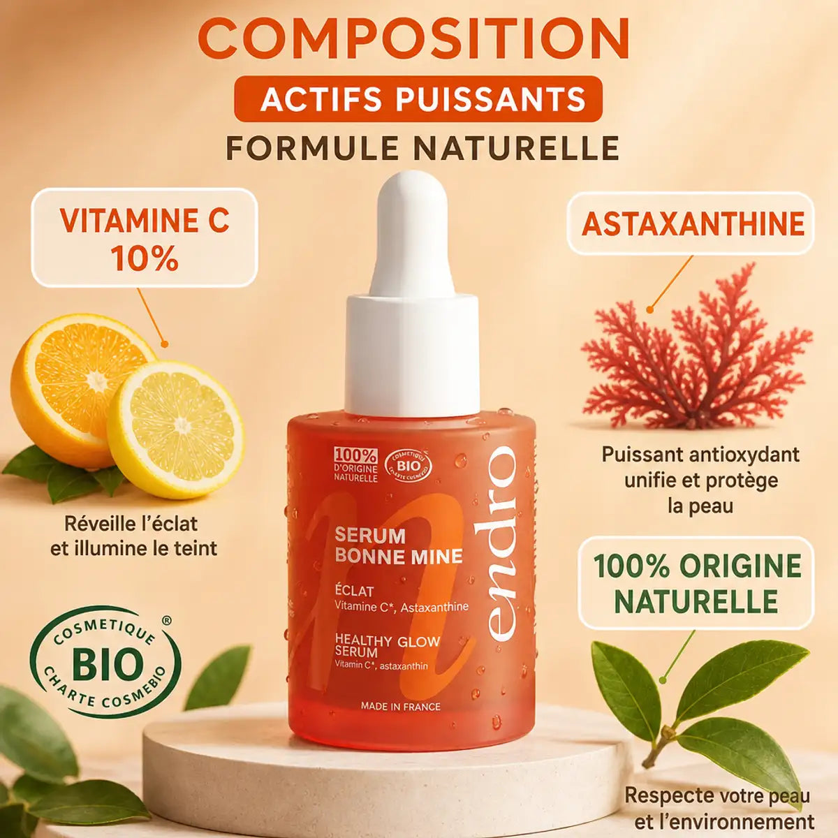 Sérum Bonne Mine Endro 10% Vitamine C avec ingrédients naturels et astaxanthine