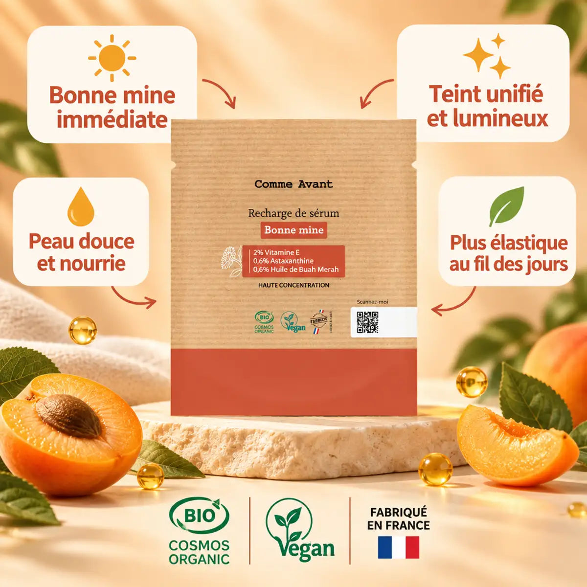Sérum Bonne Mine Comme Avant 30ml en recharge écologique, sachet kraft, infographies bio, vegan et fabriqué en France