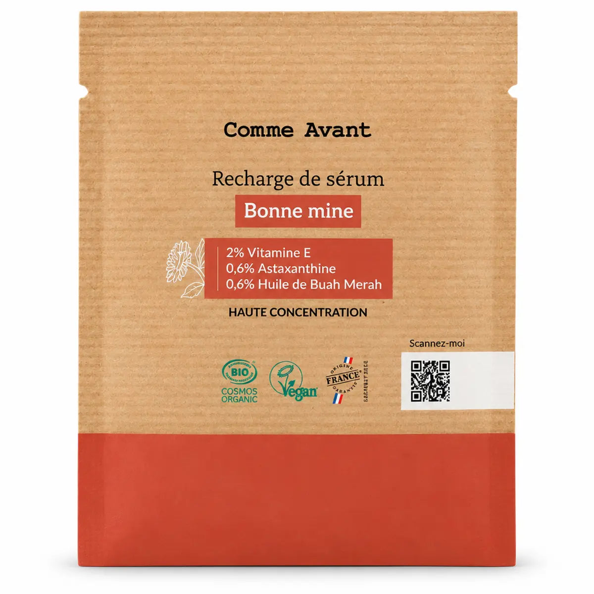 Recharge éco 30 ml du sérum Bonne Mine Comme Avant, sachet kraft, vitamine E et astaxanthine, certifié bio et vegan