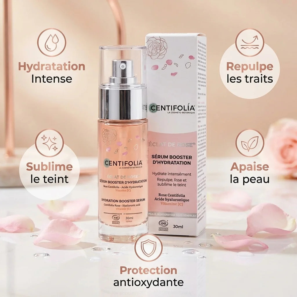 Sérum Booster d'Hydratation Éclat de Rose Bio Centifolia 30ml avec bénéfices hydratation et antioxydants