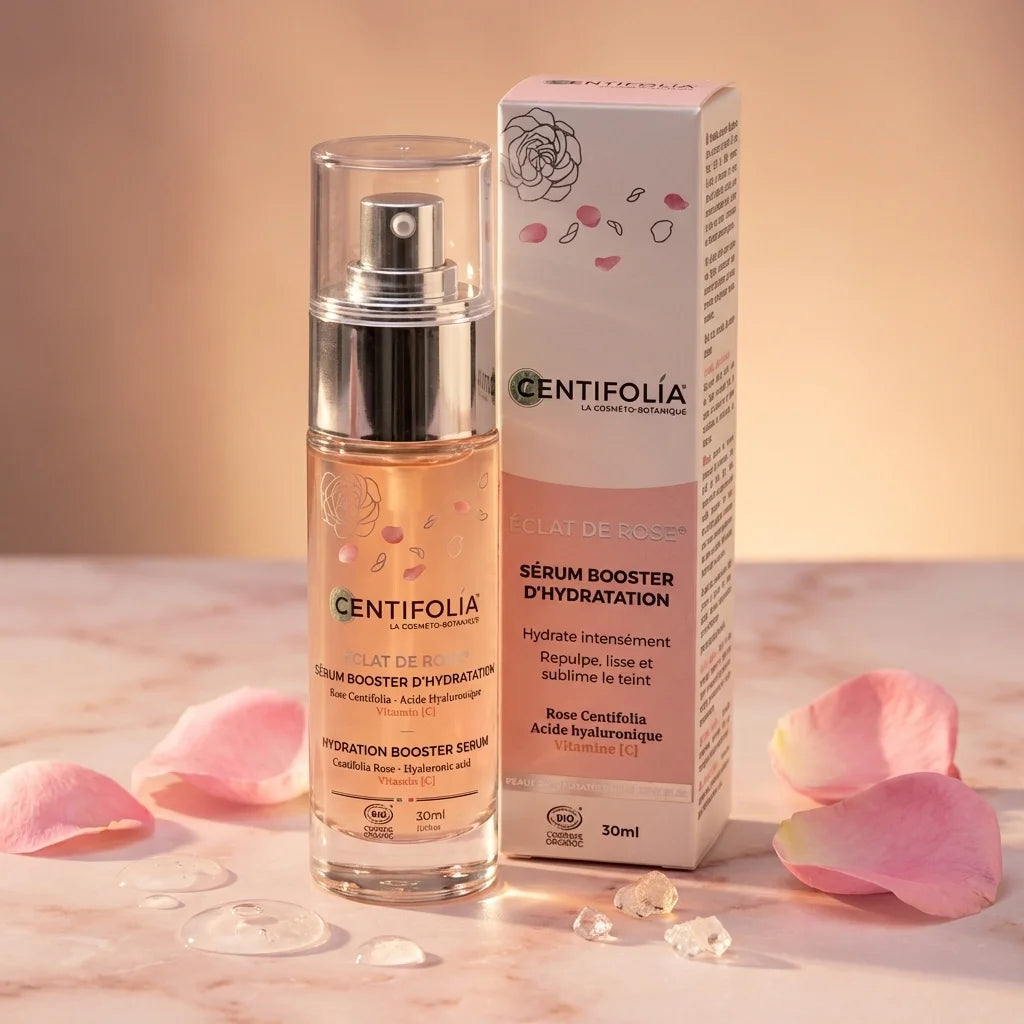 Sérum Booster d'Hydratation Éclat de Rose Bio Centifolia 30ml entouré de pétales de rose et cristaux