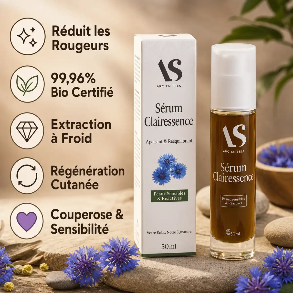 Sérum Clairessence Bio 50ml Arc en Sels avec bénéfices : réduit rougeurs, 99,96% bio certifié, couperose