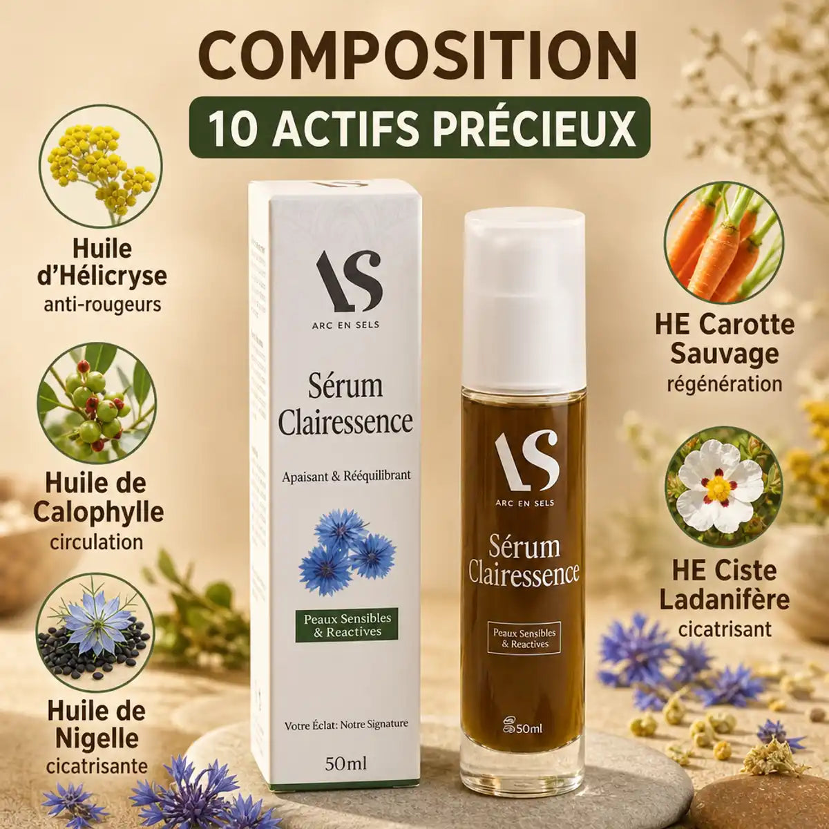 Sérum Clairessence Bio 50ml avec ses 10 actifs précieux - Huiles essentielles et botaniques pour la peau