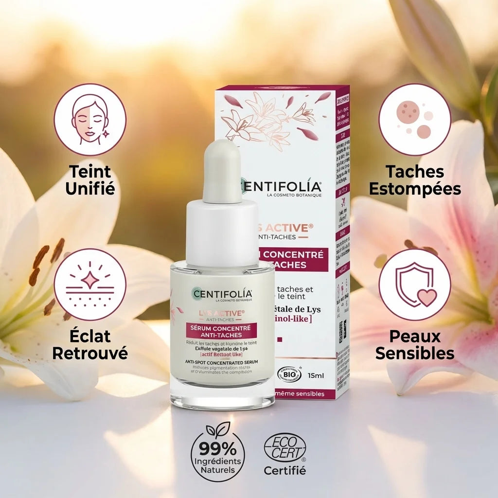 Sérum Concentré Anti-Taches Lys Active Centifolia 15ml avec bénéfices et certifications bio