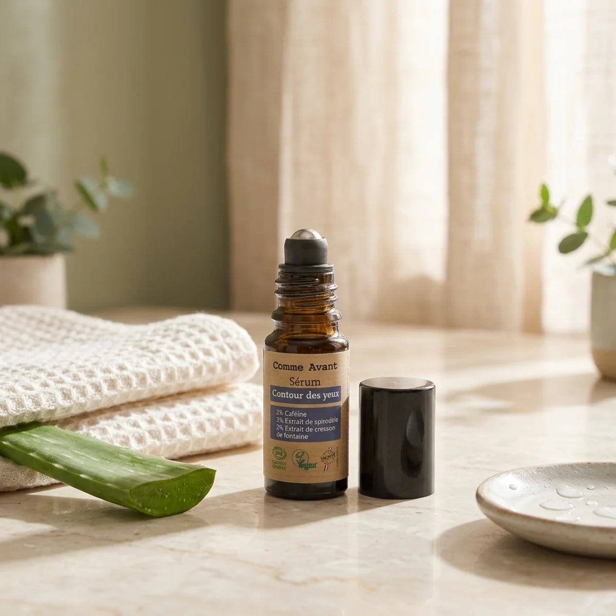 Flacon ambré de sérum contour des yeux Comme Avant 10 ml sur un plan de toilette en marbre, lumière matinale et aloe vera