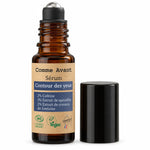 Sérum contour des yeux Comme Avant 10 ml en flacon roll-on ambré, étiquette kraft, caféine et extrait de spirodèle, fond blanc