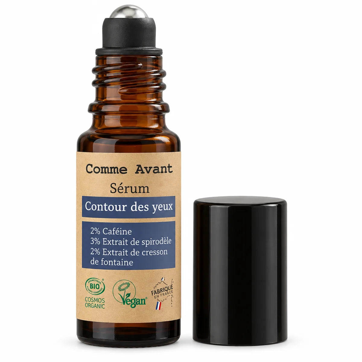Sérum contour des yeux Comme Avant 10 ml en flacon roll-on ambré, étiquette kraft, caféine et extrait de spirodèle, fond blanc