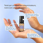 Serum contour des yeux tenu dans une main avec mise en avant des résultats obtenus suite aux tests 