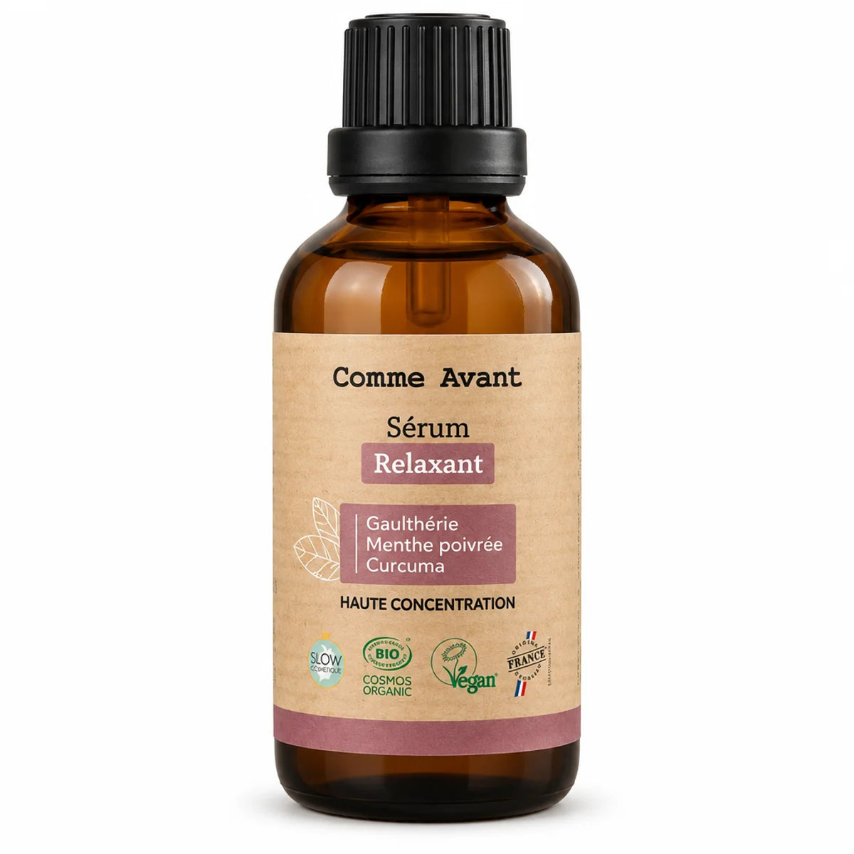 Flacon compte-gouttes ambré de 50 ml « Comme Avant » Sérum Relaxant corps à la gaulthérie, menthe poivrée et curcuma, fond blanc