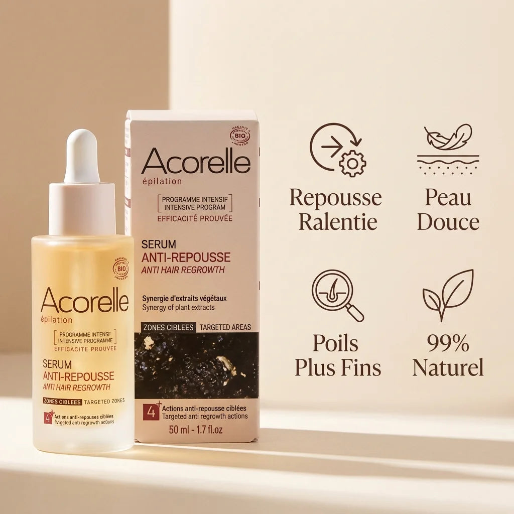 Sérum Acorelle Anti-repousse Bio 50ml avec bénéfices : repousse ralentie, peau douce, poils fins, 99% naturel