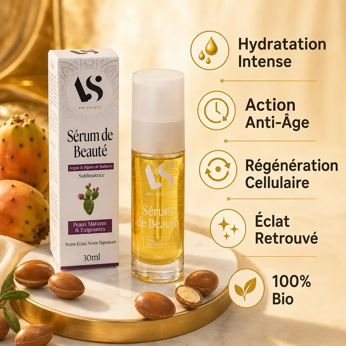 Sérum de beauté Arc en Sels Argan Figue de Barbarie 30ml avec bénéfices bio hydratation anti-âge