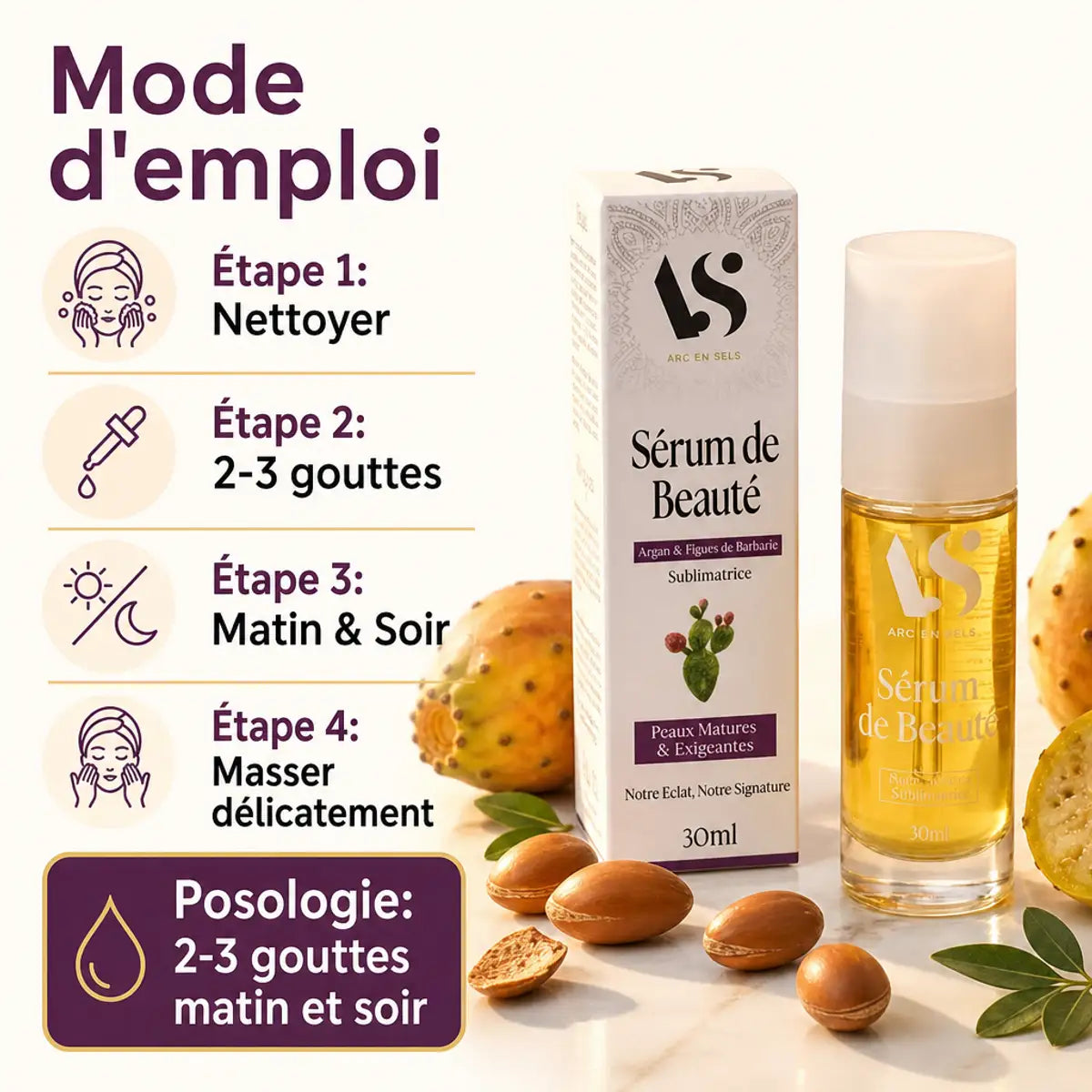 Sérum beauté Argan et Figue de Barbarie 30ml Arc en Sels avec mode d'emploi et ingrédients naturels