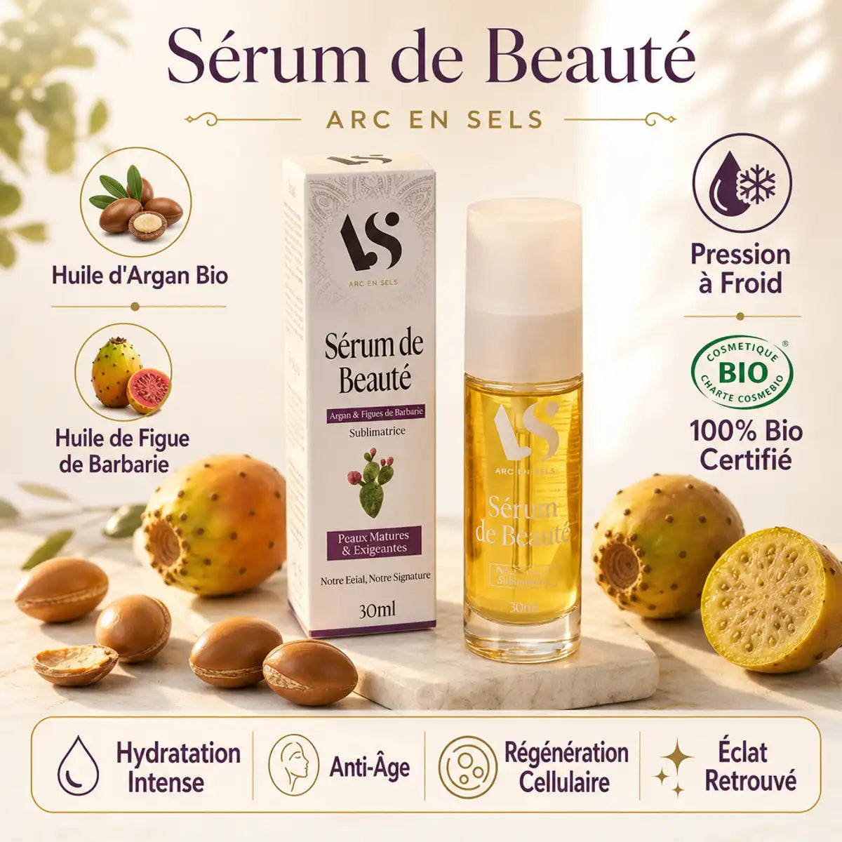 Sérum beauté Argan et Figue de Barbarie Arc en Sels avec ingrédients bio et bénéfices anti-âge