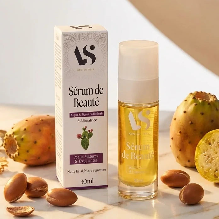 Sérum de beauté Arc en Sels à l'argan et figue de barbarie 30ml sur marbre avec fruits frais